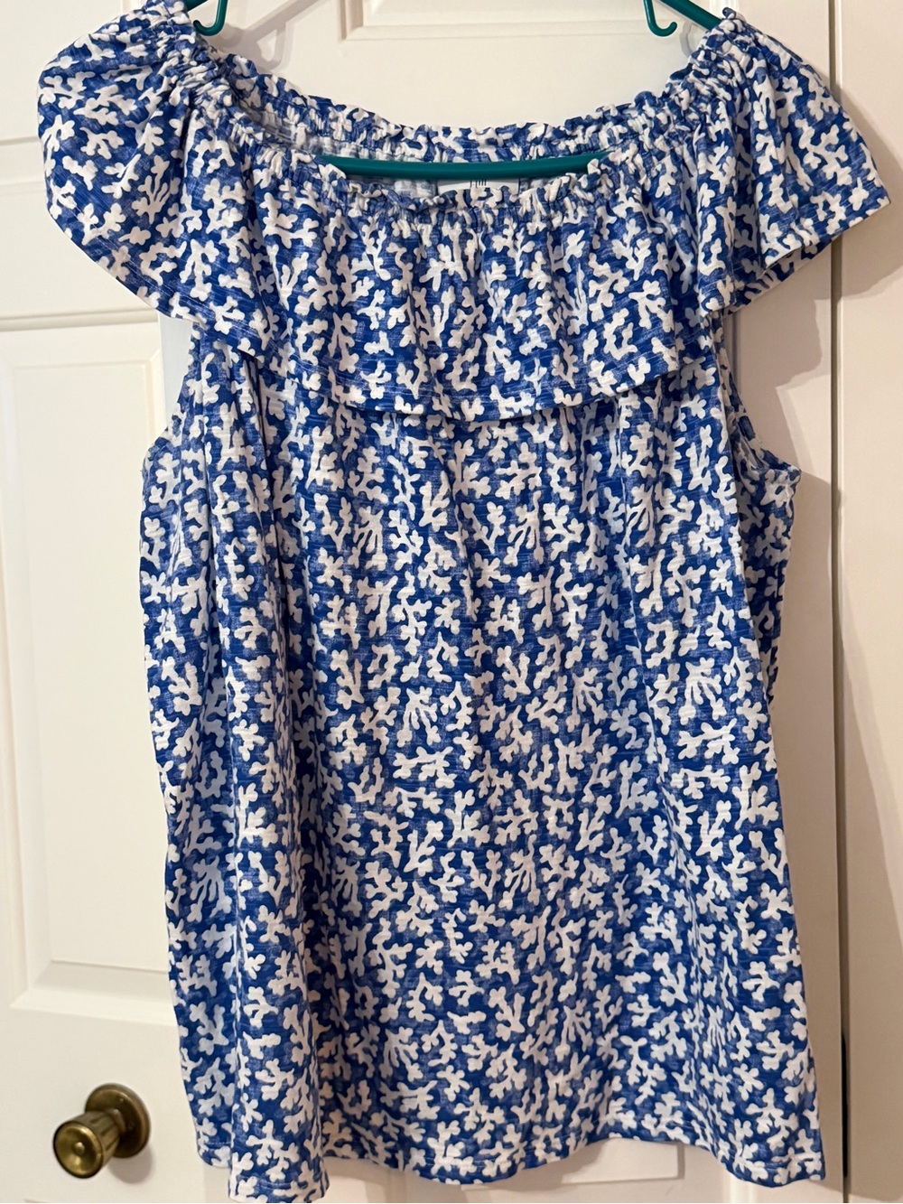 J. Jill Blue and White Ruffle Off-Shoulder Top